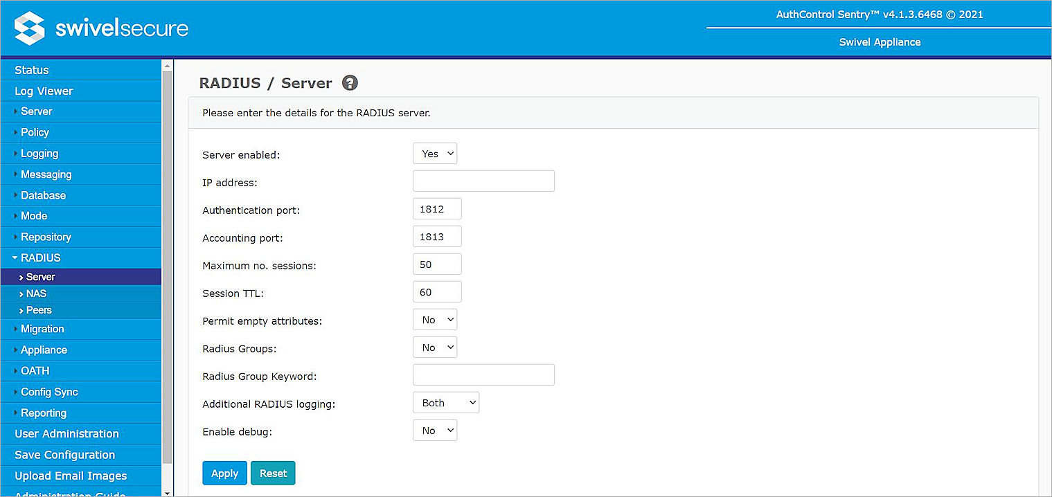 Screen shot of RADIUS Server settings page